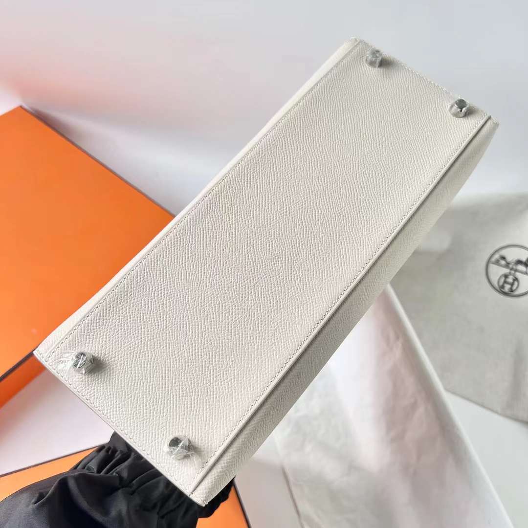 Hermès（爱马仕）Kelly 凯莉包 Epsom Ck10 奶昔白 拼 09 梦幻粉紫 拼 Ck37 金棕色 银扣 28cm 全手工蜡线缝 Phw