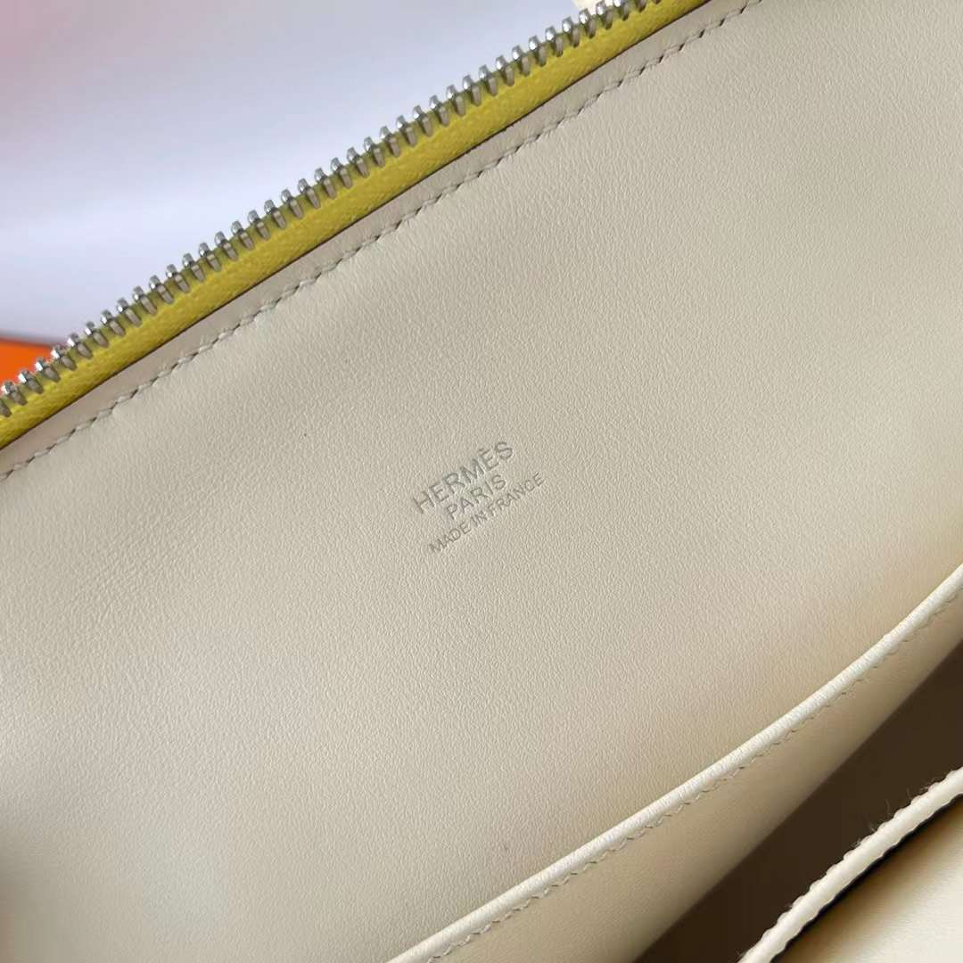 Hermès（爱马仕）Bolide 保龄球包 Epsom I2 奶油白 拼 9R 柠檬黄 拼 枫叶红 银扣 25cm 全手工蜡线缝 Phw