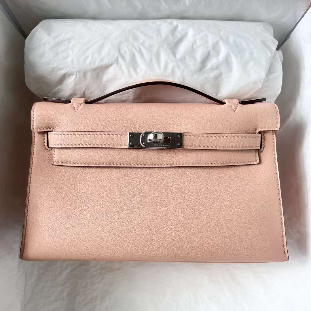 Hermès（爱马仕）Mini Kelly Pochette Swift P1 蔷薇粉 银扣 22cm 全手工蜡线缝 Phw