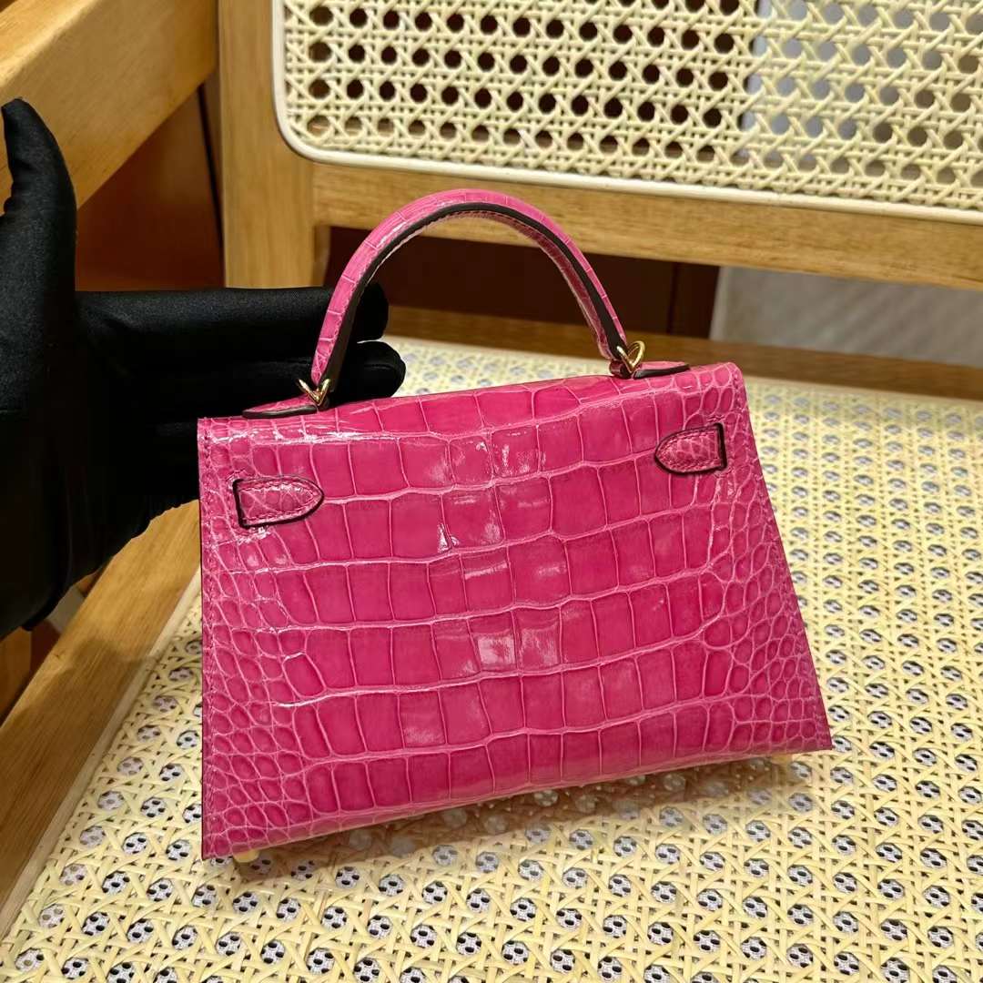 Hermès（爱马仕）Mini Kelly 迷你凯莉 亮面美洲鳄鱼皮 Shiny Alligator Crocodile 5J 桃粉色 金扣 19cm 全手工蜡线缝 Ghw