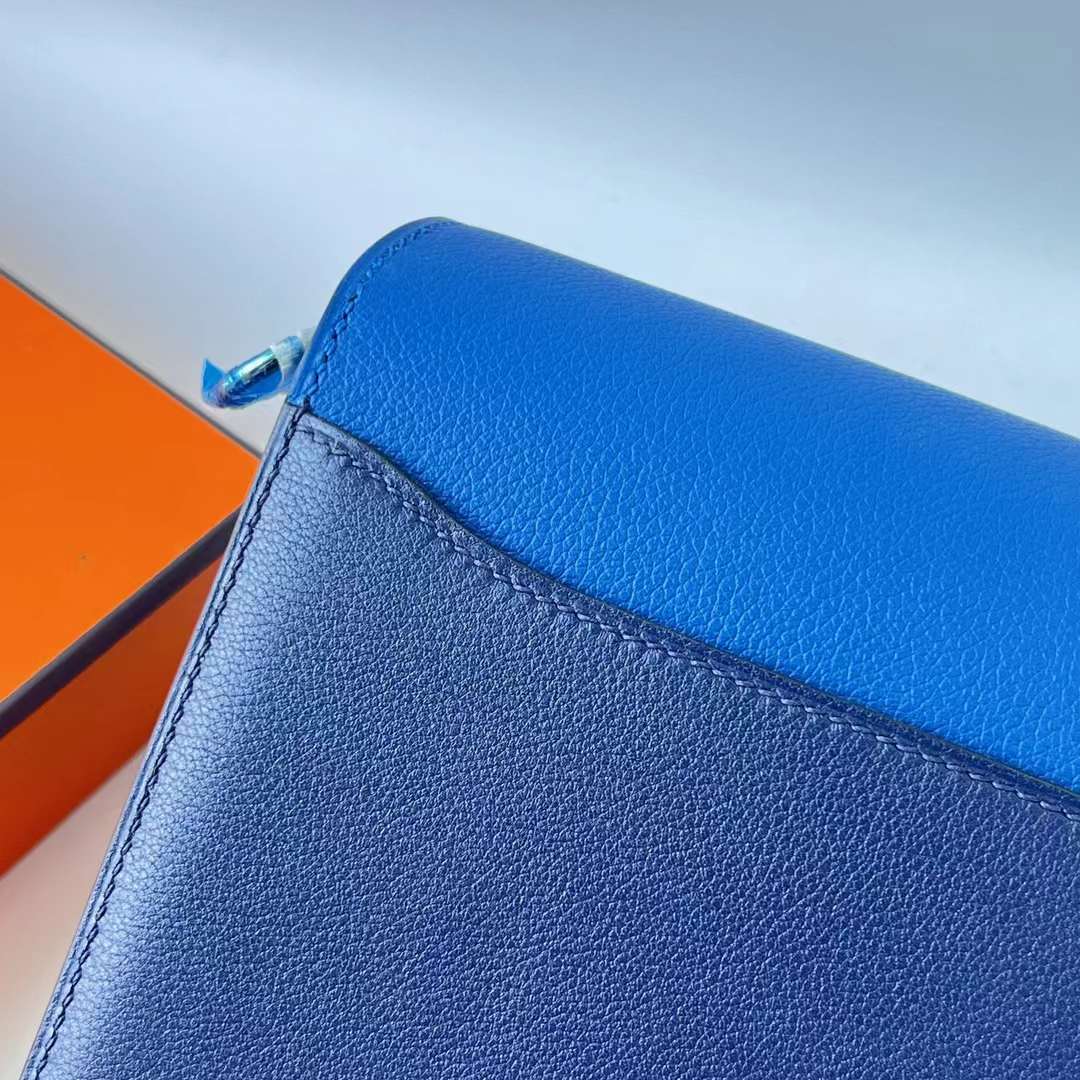 Hermès（爱马仕）Roulis 猪鼻子 Evercolor Ck71 法国蓝 拼 Ck73 宝石蓝 银扣 18cm 全手工蜡线缝 Phw