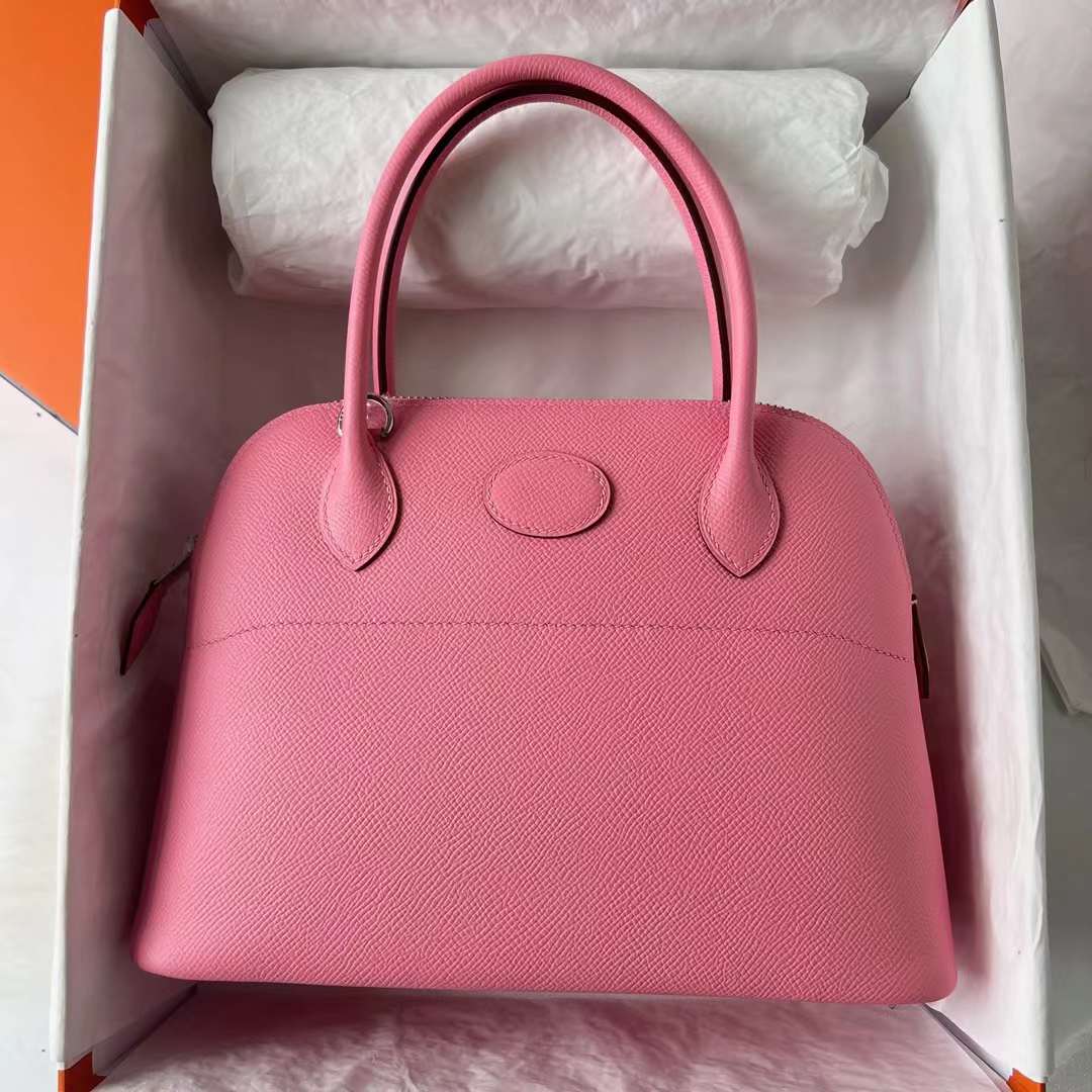 Hermès（爱马仕）Bolide 保龄球包 Epsom 1Q 奶昔粉 银扣 27cm 全手工蜡线缝 Phw