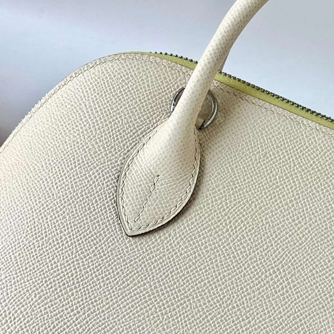 Hermès（爱马仕）Bolide 保龄球包 Epsom I2 奶油白 拼 9R 柠檬黄 拼 枫叶红 银扣 25cm 全手工蜡线缝 Phw