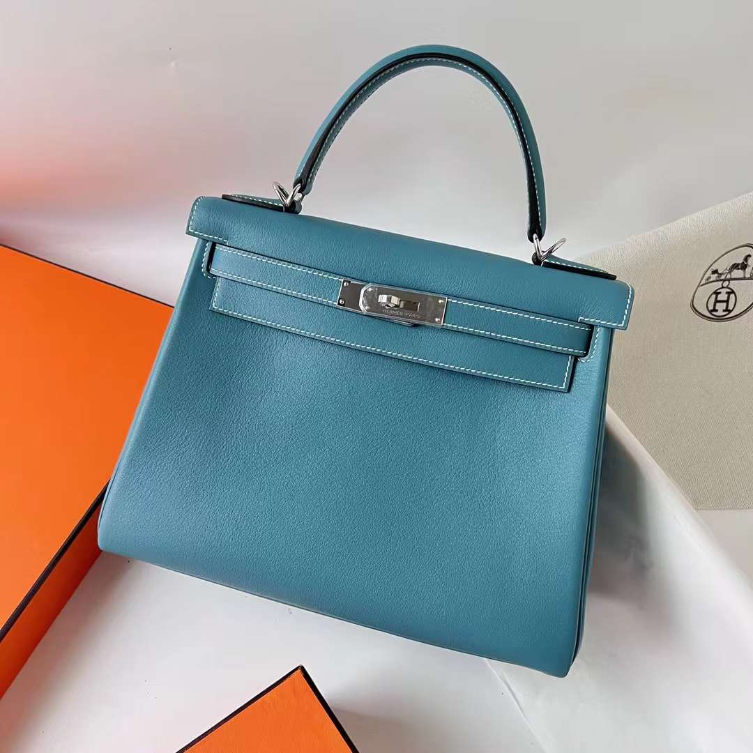 Hermès（爱马仕）Kelly 凯莉包 Swift皮 Ck75 牛仔蓝 银扣 28cm 全手工蜡线缝 Phw