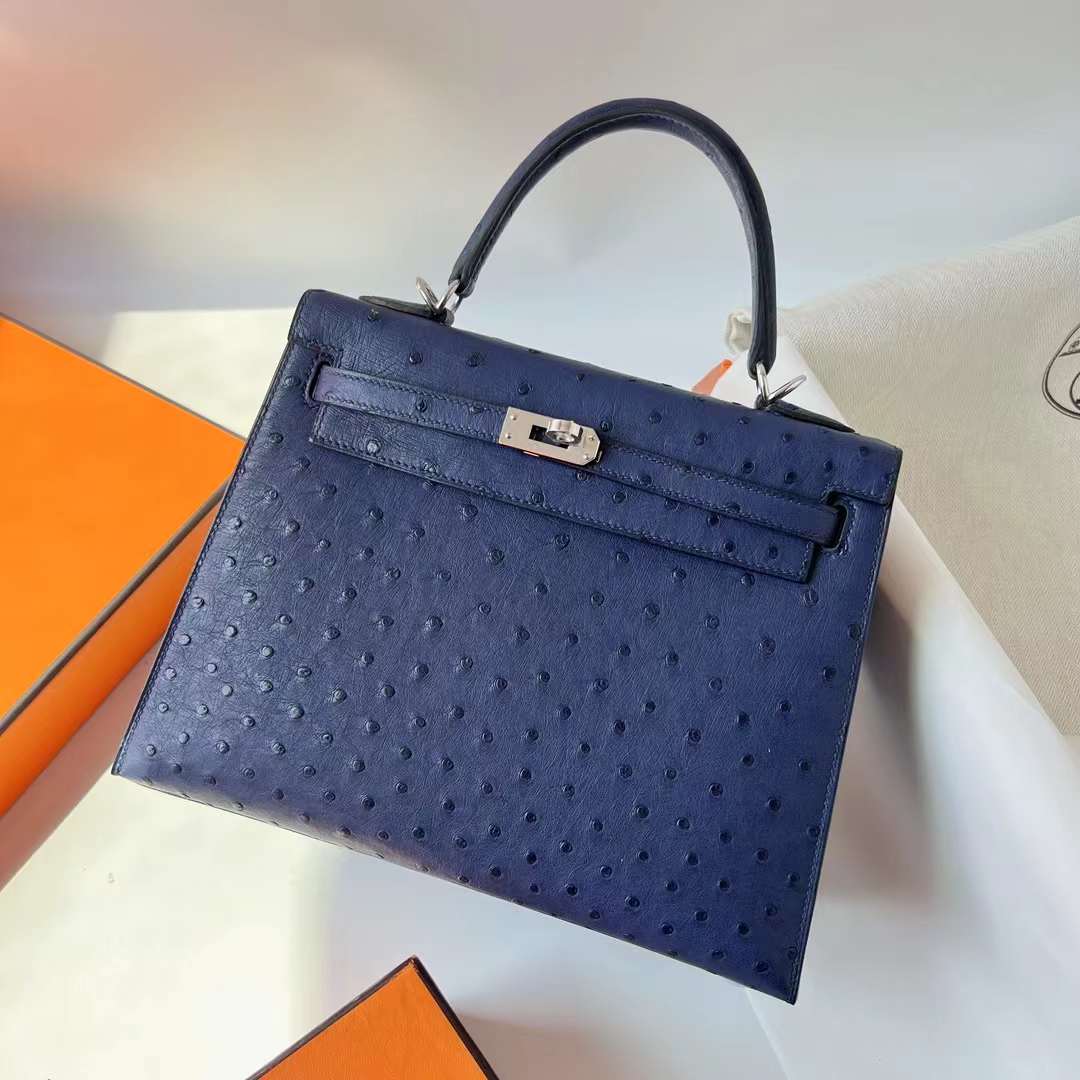 Hermès（爱马仕）Kelly 凯莉包 Ostrich 原kk进口鸵鸟皮 77 鸢尾蓝 银扣 25cm 全手工蜡线缝 Phw