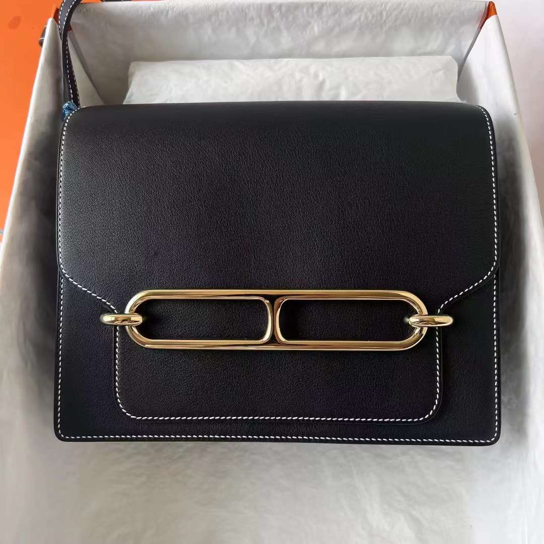 Hermès（爱马仕）Roulis 猪鼻子 Swift Ck89 黑色 走白色线 金扣 23cm 全手工蜡线缝 Ghw