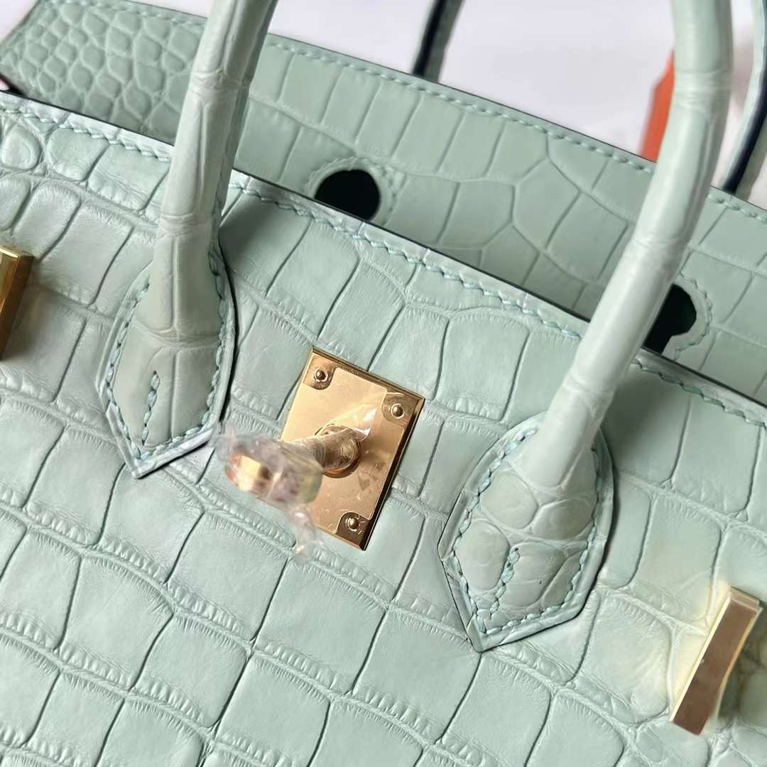 Hermès（爱马仕）Birkin 铂金包 Sellier 外缝 雾面美洲鳄鱼皮 6U 新薄荷绿 金扣 20cm 全手工蜡线缝 Ghw