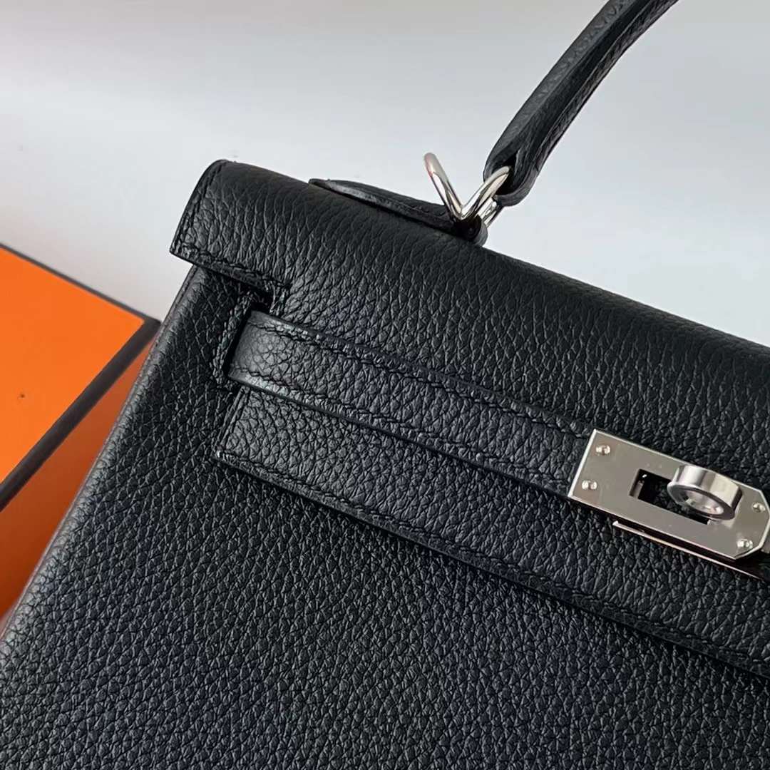 Hermès（爱马仕）Kelly 凯莉包 Togo皮 Ck89 黑色 银扣 25cm 全手工蜡线缝 Phw