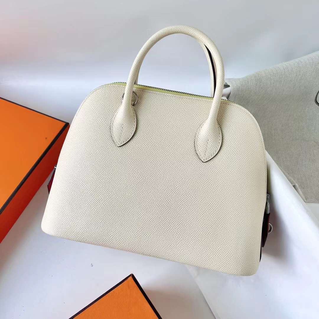 Hermès（爱马仕）Bolide 保龄球包 Epsom I2 奶油白 拼 9R 柠檬黄 拼 枫叶红 银扣 25cm 全手工蜡线缝 Phw