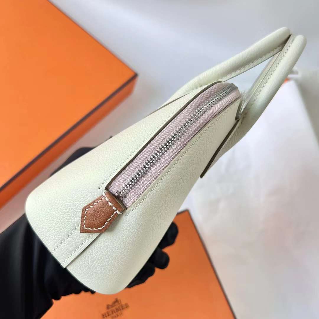 Hermès（爱马仕）Mini Bolide 保龄球包 Evercolor 三拼色 0T 蘑菇白 拼 09 梦幻粉紫 拼 Ck37 金棕色 银扣 20cm 全手工蜡线缝 Phw