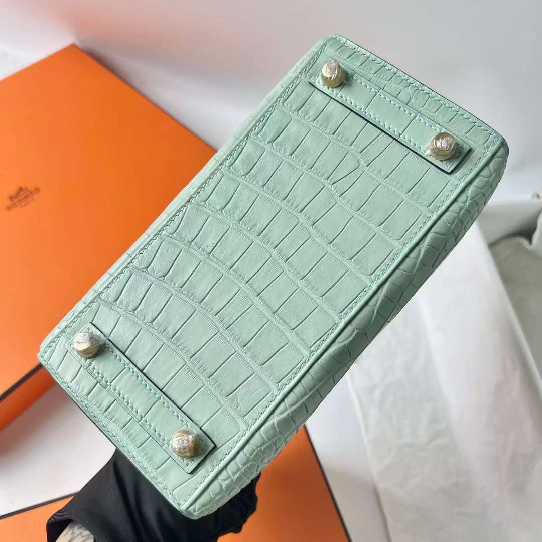 Hermès（爱马仕）Birkin 铂金包 Sellier 外缝 雾面美洲鳄鱼皮 6U 新薄荷绿 金扣 20cm 全手工蜡线缝 Ghw