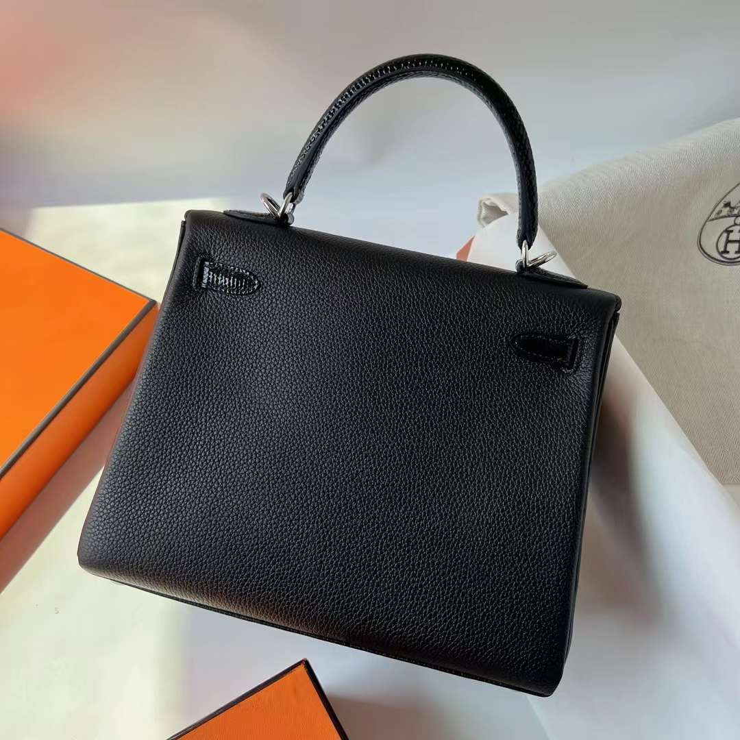 Hermès（爱马仕）Kelly 凯莉包 Touch Togo皮 拼 亮面蜥蜴皮 Ck89 黑色 银扣 25cm 全手工蜡线缝 Phw