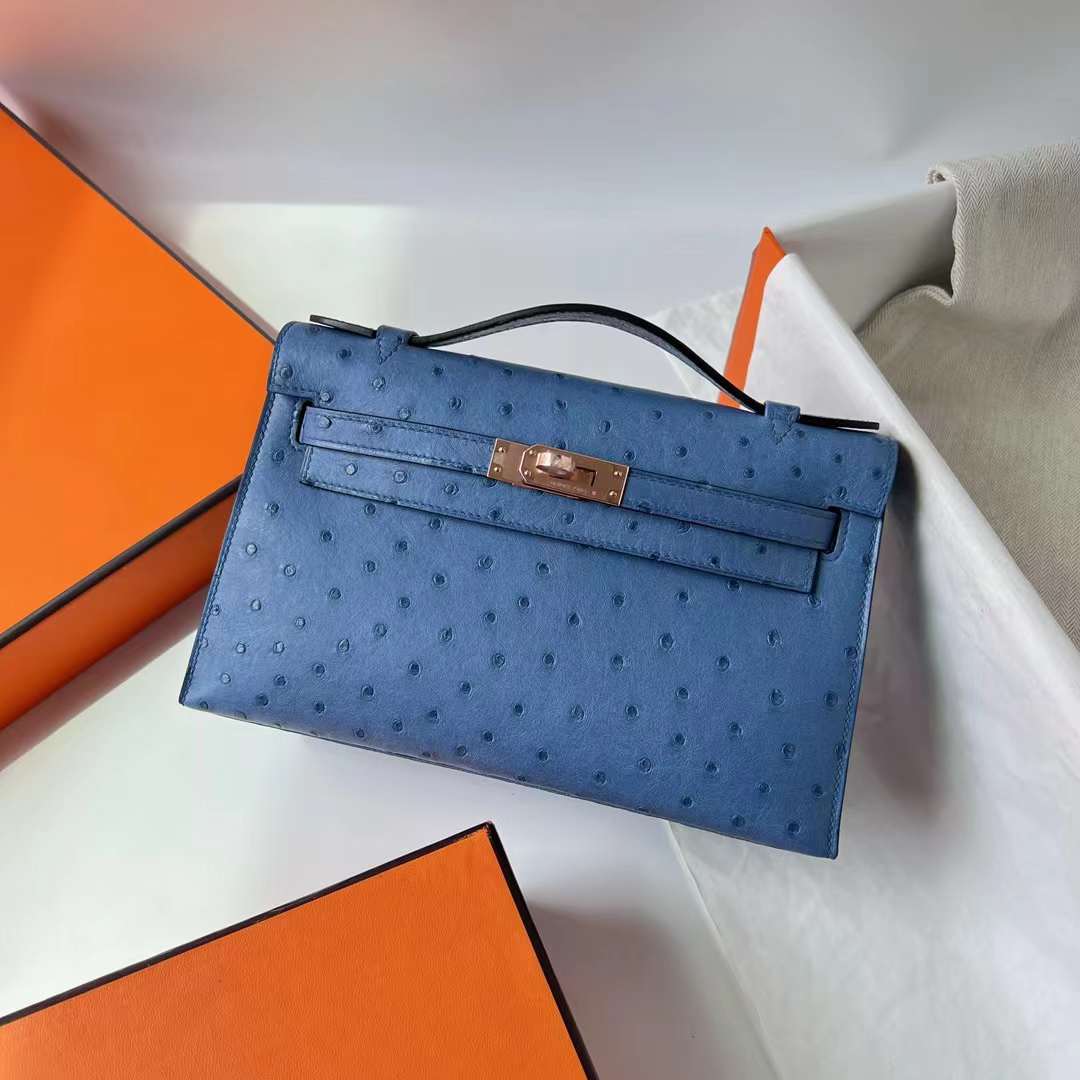 Hermès（爱马仕）Mini Kelly Pochette Ostrich 进口鸵鸟皮 2T 天堂蓝 玫瑰金扣 22cm 全手工蜡线缝 RGhw