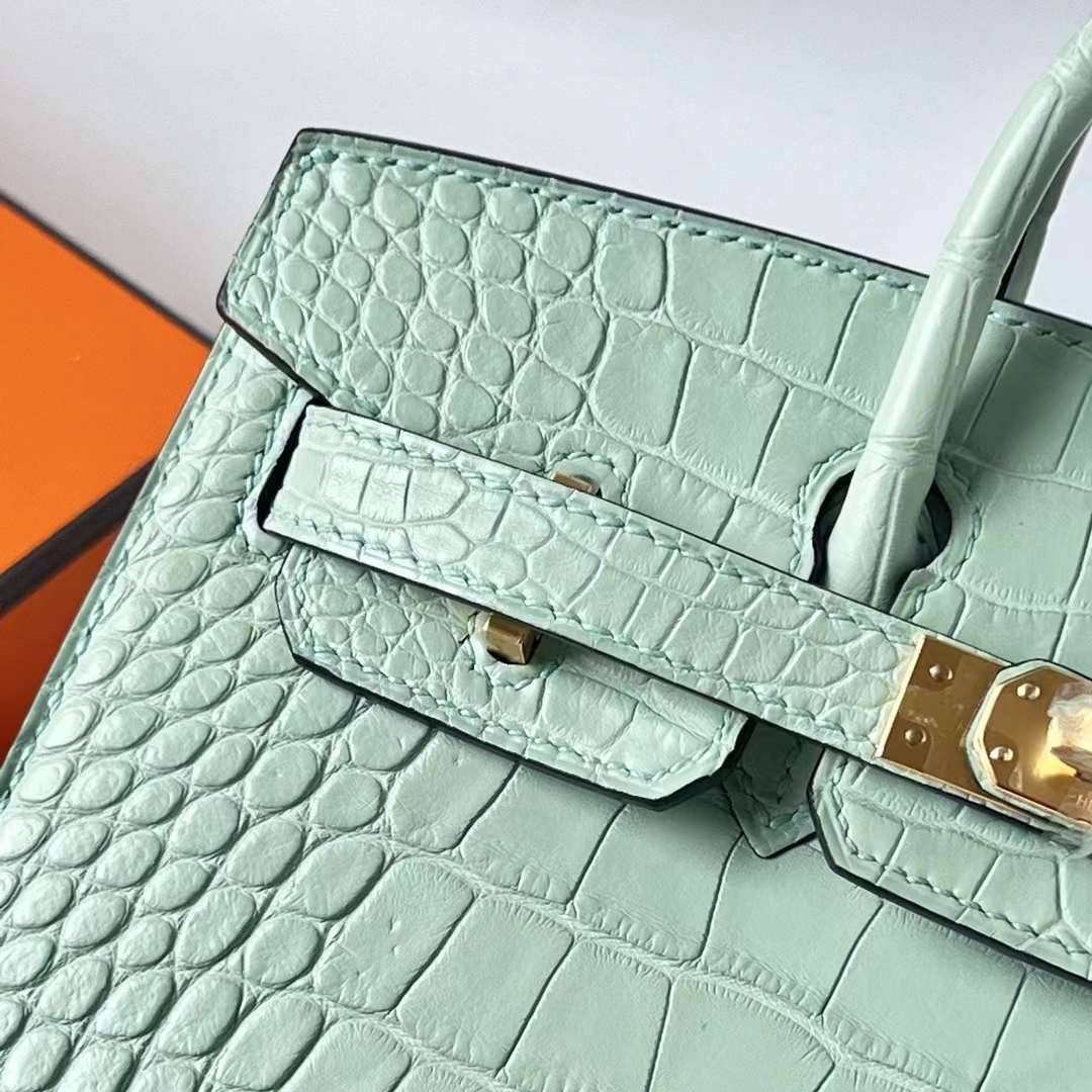 Hermès（爱马仕）Birkin 铂金包 Sellier 外缝 雾面美洲鳄鱼皮 6U 新薄荷绿 金扣 20cm 全手工蜡线缝 Ghw