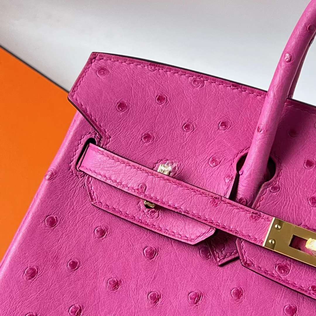 Hermès（爱马仕）Birkin 铂金包 Ostrich 南非鸵鸟皮 9i 玉兰粉 金扣 25cm 全手工蜡线缝 Ghw