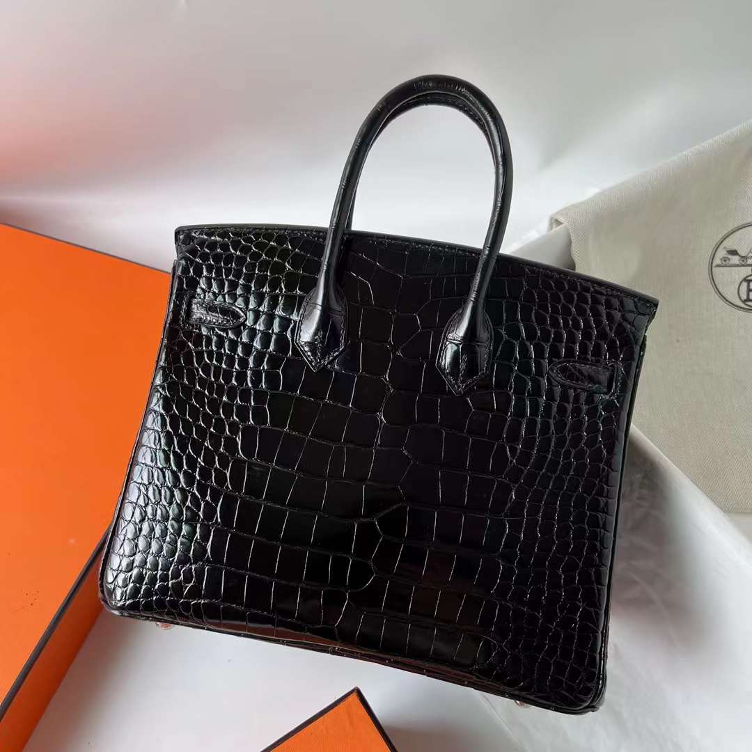 Hermès（爱马仕）Birkin 铂金包 亮面美洲鳄鱼皮 Shiny Alligator Crocodile Ck89 黑色 银扣 25cm 全手工蜡线缝 Phw