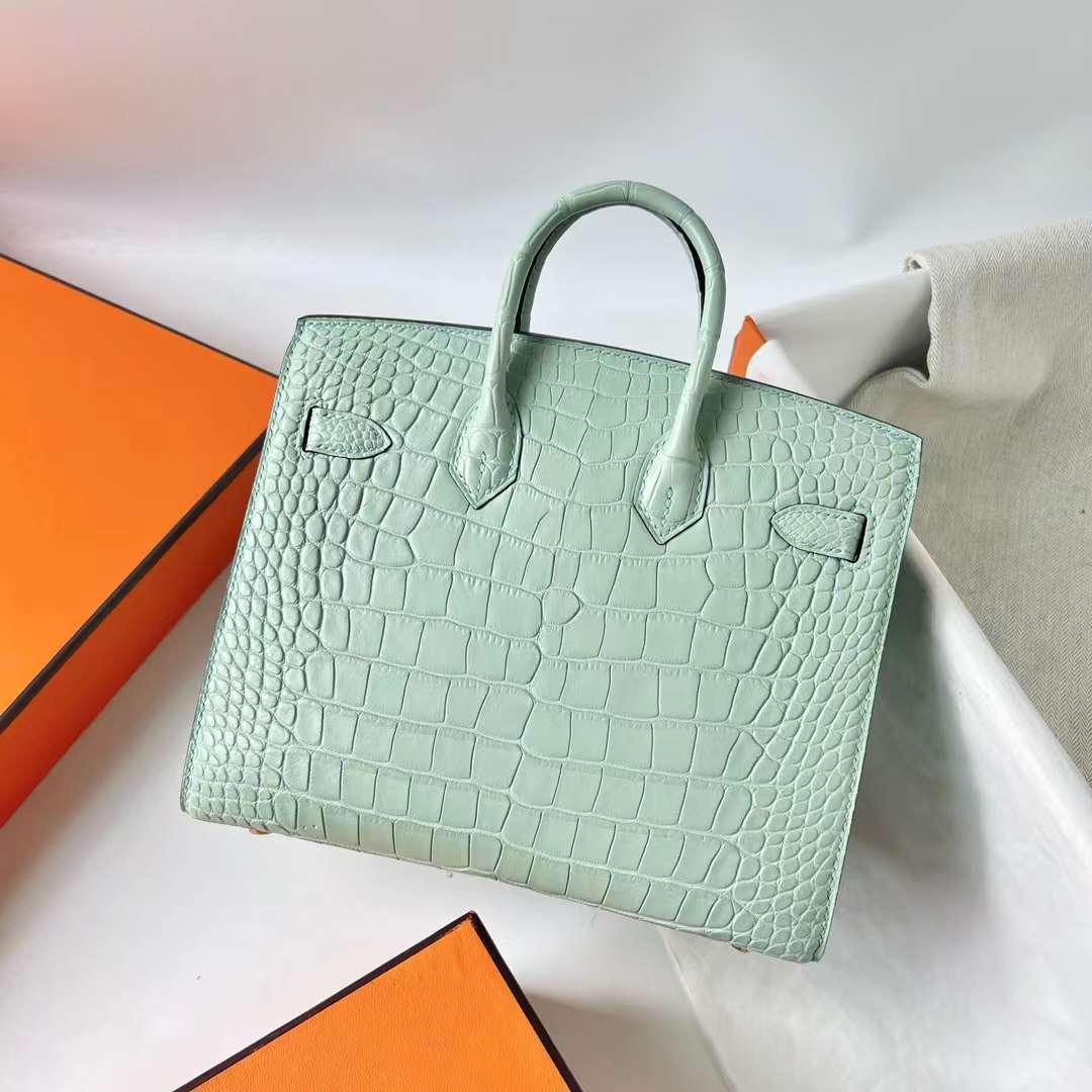 Hermès（爱马仕）Birkin 铂金包 Sellier 外缝 雾面美洲鳄鱼皮 6U 新薄荷绿 金扣 20cm 全手工蜡线缝 Ghw