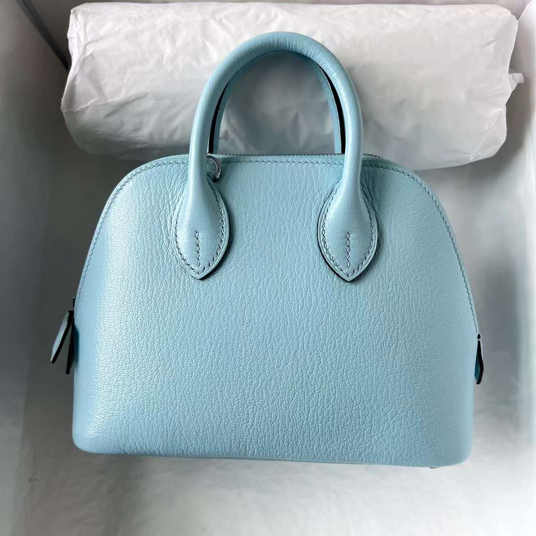 Hermès（爱马仕）Mini Bolide 迷你保龄球包 Chever 进口山羊皮 U2 微风蓝 银扣 19cm 全手工蜡线缝 Phw