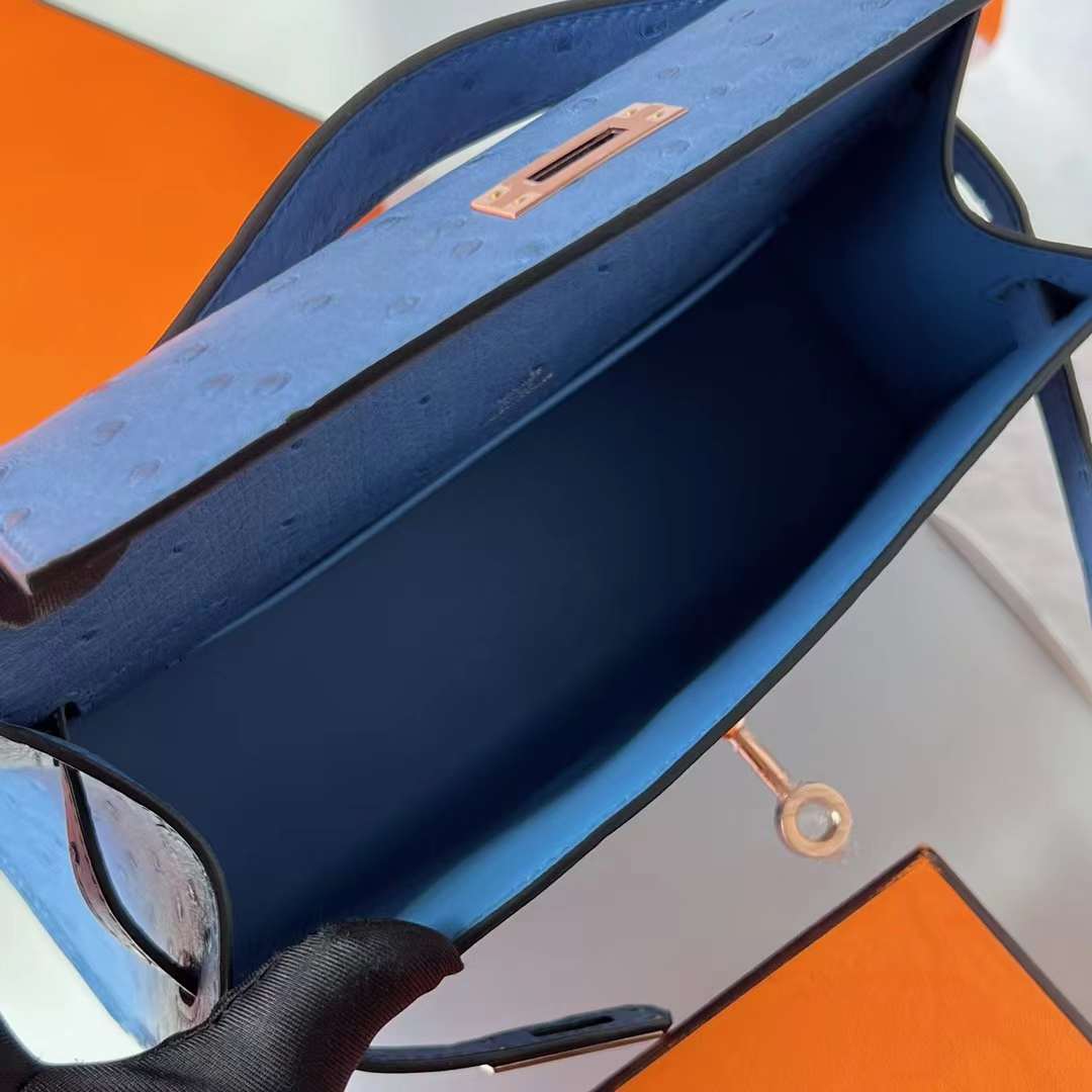 Hermès（爱马仕）Mini Kelly Pochette Ostrich 进口鸵鸟皮 2T 天堂蓝 玫瑰金扣 22cm 全手工蜡线缝 RGhw
