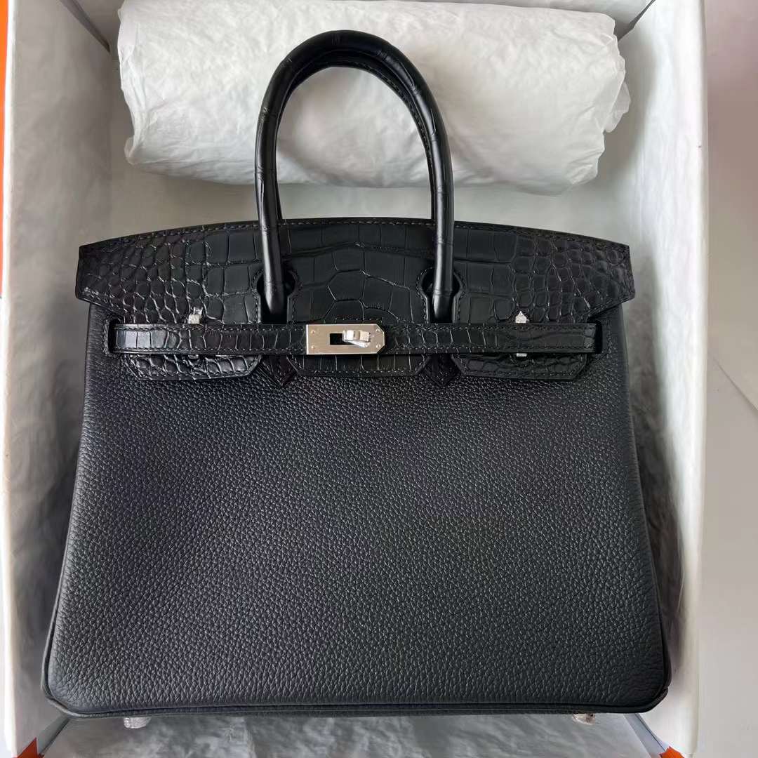 Hermès（爱马仕）Birkin 铂金包 Touch Togo 拼 雾面美洲鳄鱼皮 Ck89 黑色 银扣 25cm 全手工蜡线缝 Phw