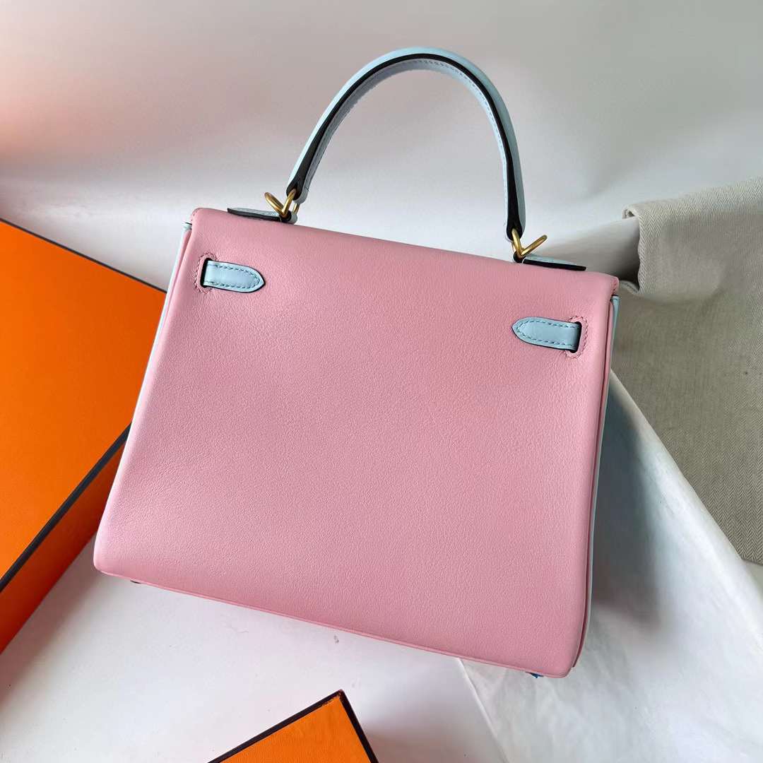 Hermès（爱马仕） Kelly 凯莉包 Swift 3Q 新粉色 & 0T 雾蓝色 磨砂金扣 25cm 全手工蜡线缝 Bghw