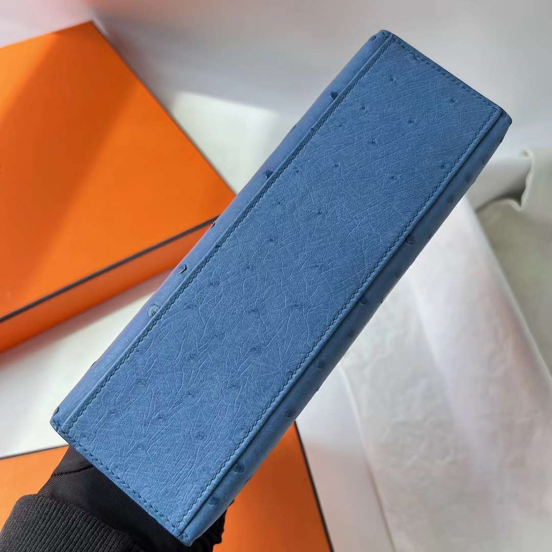 Hermès（爱马仕）Mini Kelly Pochette Ostrich 进口鸵鸟皮 2T 天堂蓝 玫瑰金扣 22cm 全手工蜡线缝 RGhw