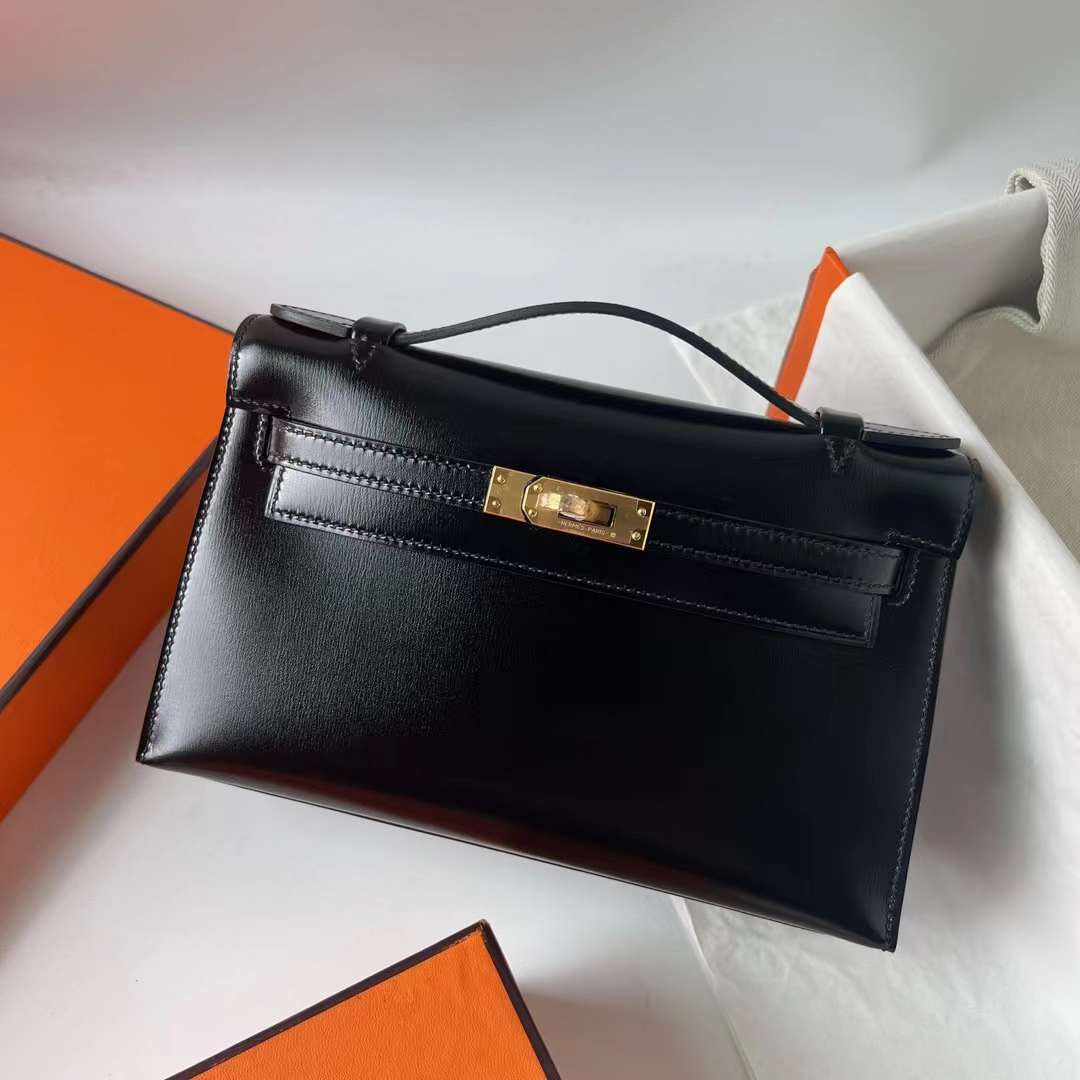 Hermès（爱马仕）Mini Kelly Pochette Box皮 Ck89 黑色 金扣 22cm 全手工蜡线缝 Ghw