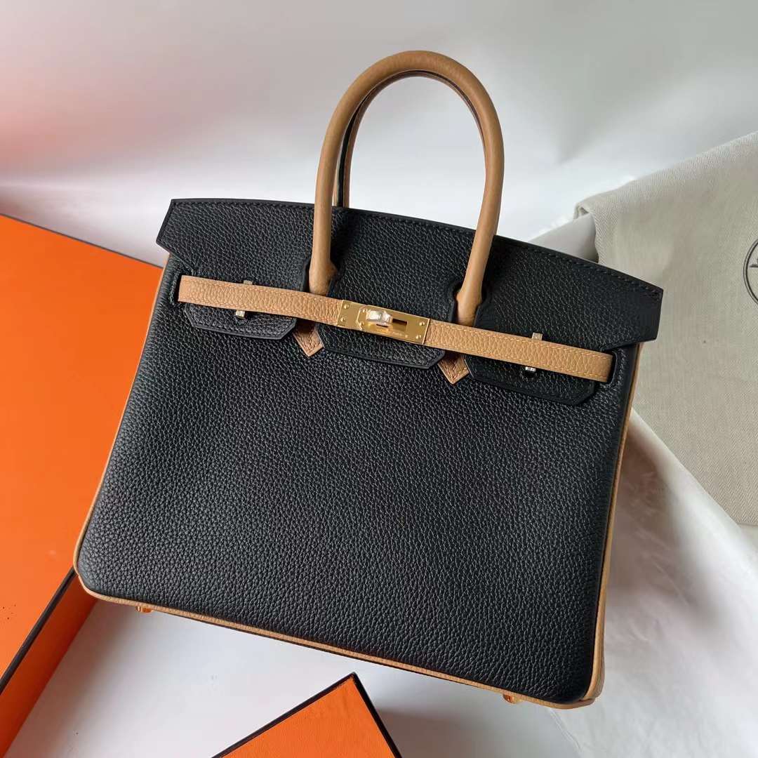 Hermès（爱马仕）Birkin 铂金包 Togo皮 顶级小牛皮 Ck89 黑色 拼 4B 饼干色 金扣 25cm 全手工蜡线缝 Ghw