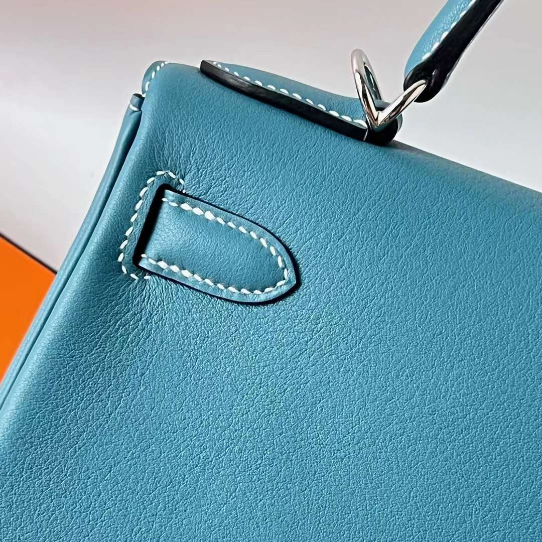 Hermès（爱马仕）Kelly 凯莉包 Swift皮 Ck75 牛仔蓝 银扣 28cm 全手工蜡线缝 Phw