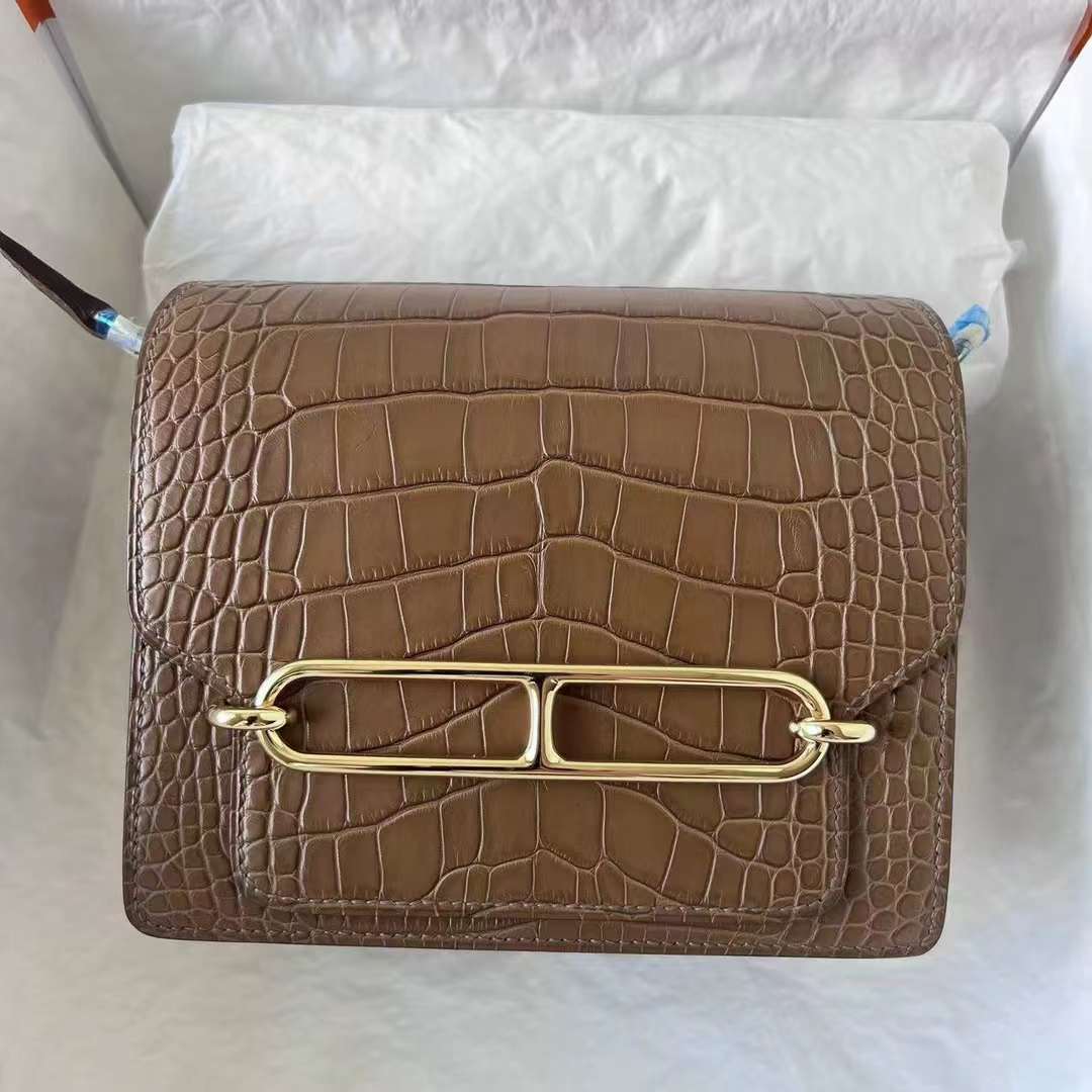 Hermès（爱马仕）Roulis 猪鼻子 雾面美洲鳄鱼皮 Matte Alligator Crocodile Ck18 大象灰 浅金扣 18cm 全手工蜡线缝
