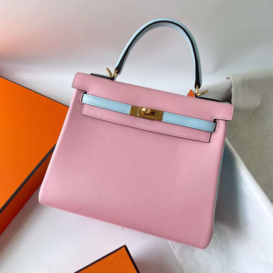 Hermès（爱马仕） Kelly 凯莉包 Swift 3Q 新粉色 & 0T 雾蓝色 磨砂金扣 25cm 全手工蜡线缝 Bghw
