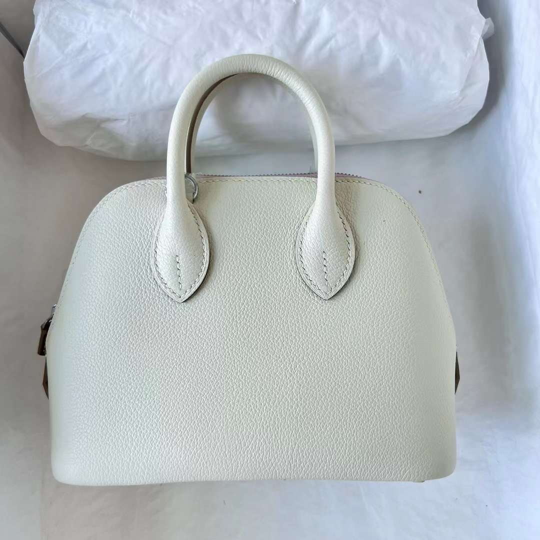 Hermès（爱马仕）Mini Bolide 保龄球包 Evercolor 三拼色 0T 蘑菇白 拼 09 梦幻粉紫 拼 Ck37 金棕色 银扣 20cm 全手工蜡线缝 Phw