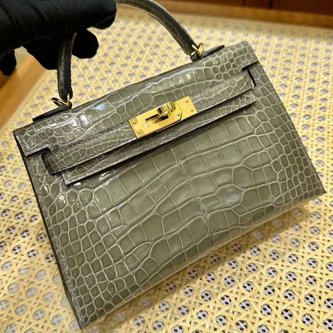 Hermès（爱马仕）Mini Kelly 迷你凯莉 亮面美洲鳄鱼皮 Shiny Alligator Crocodile Ck81 斑鸠灰 金扣 19cm 全手工蜡线缝 Ghw