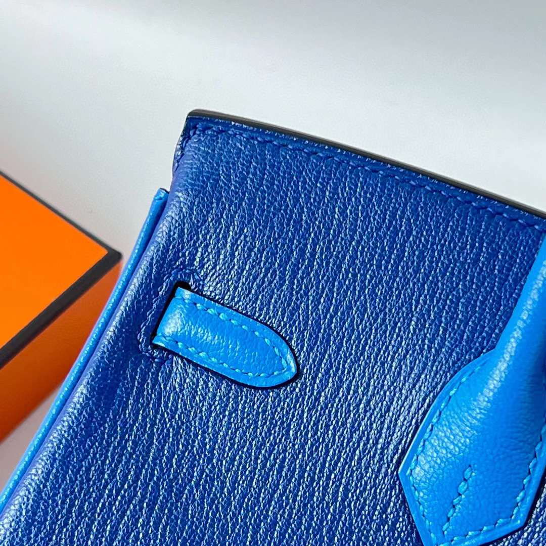 Hermès（爱马仕）Birkin 铂金包 Chevre 进口山羊皮 Ck73 宝石蓝 拼 T7 水妖蓝 拉丝银扣 25cm 全手工蜡线缝 BPhw