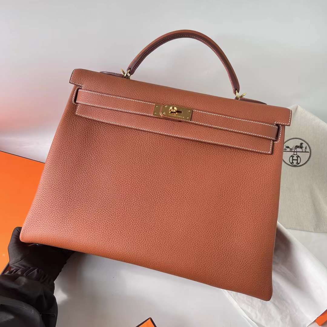 Hermès（爱马仕）Kelly 凯莉包 Clemence 原TC大牛皮 Ck37 金棕色 金扣 40cm 全手工蜡线缝 Ghw