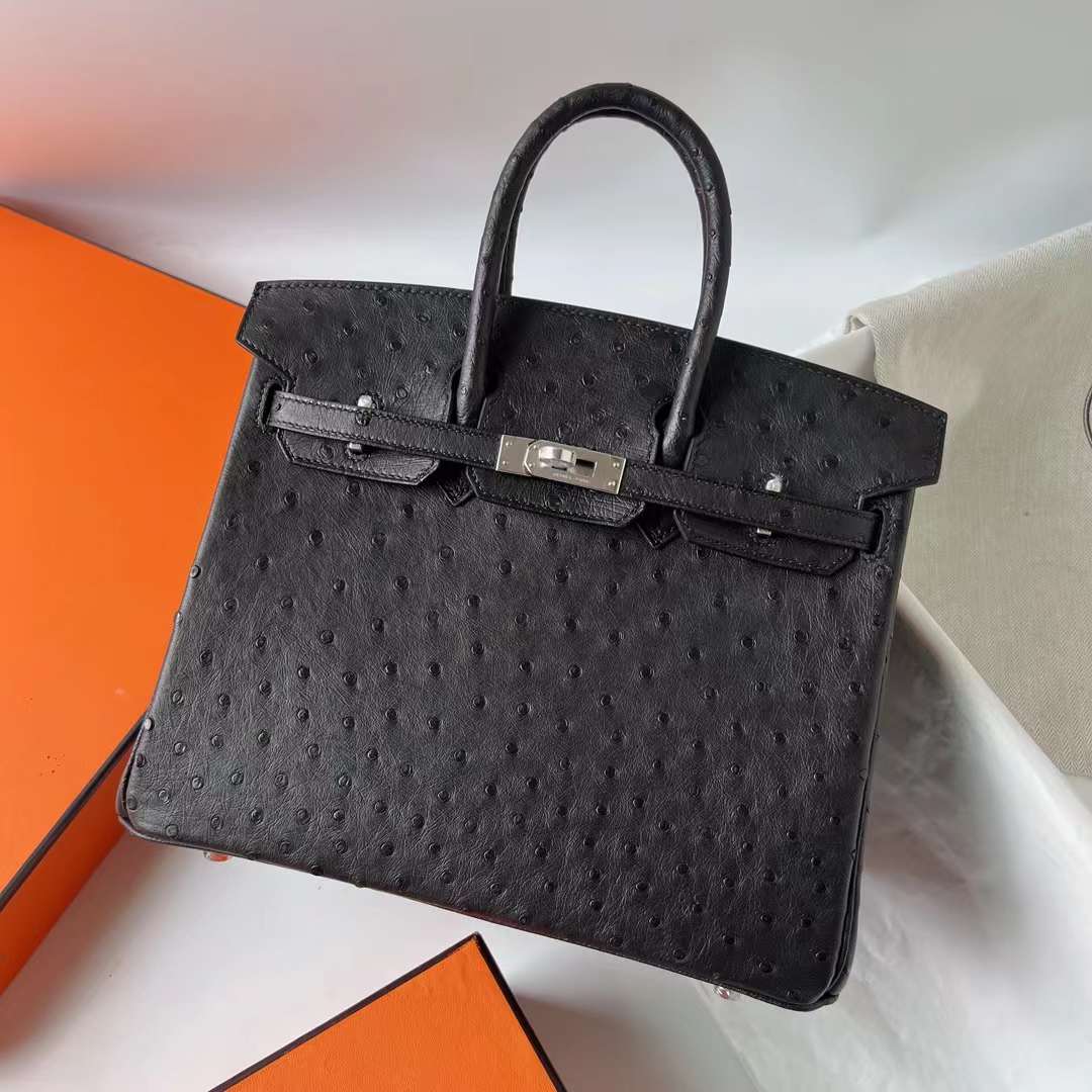 Hermès（爱马仕）Birkin 铂金包 Ostrich 进口kk南非鸵鸟皮 Ck89 黑色 银扣 原厂五金 25cm 全手工蜡线缝 Phw