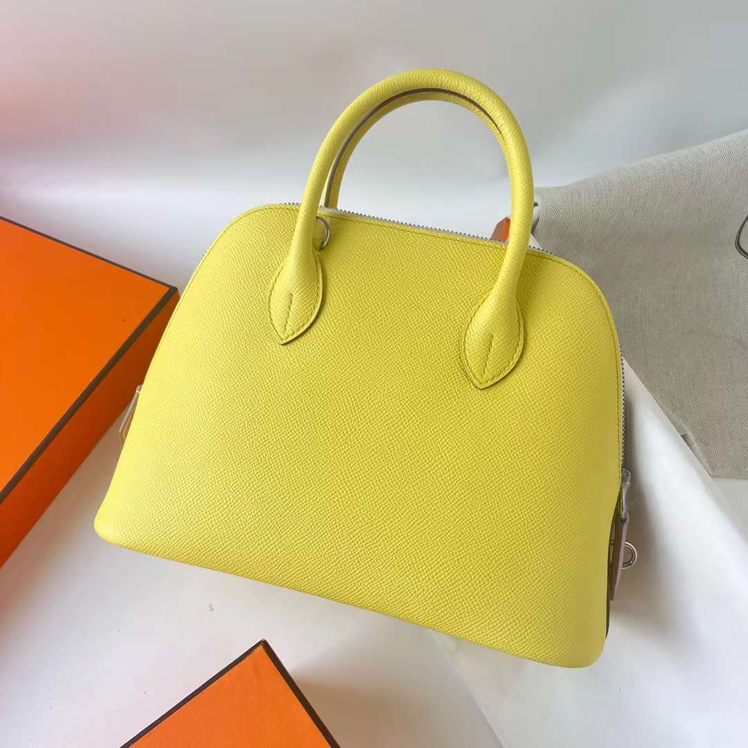 Hermès（爱马仕）Bolide 保龄球包 Epsom 9R 柠檬黄 拼 i2 奶油白 拼 X9 锦葵紫 银扣 25cm 全手工蜡线缝 Phw