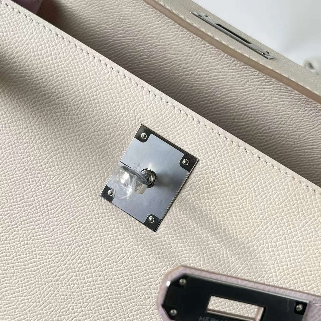 Hermès（爱马仕）Kelly 凯莉包 Epsom Ck10 奶昔白 拼 09 梦幻粉紫 拼 Ck37 金棕色 银扣 28cm 全手工蜡线缝 Phw