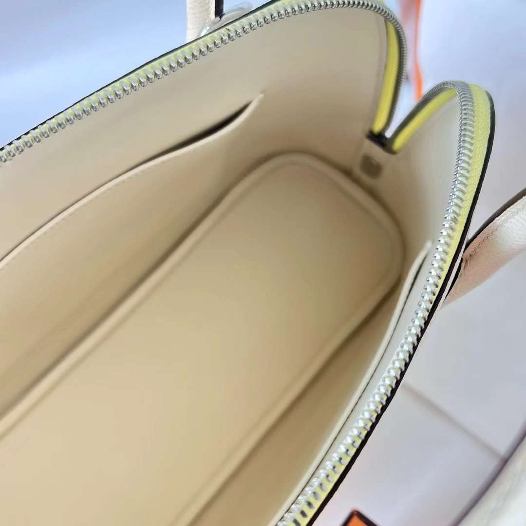 Hermès（爱马仕）Bolide 保龄球包 Epsom I2 奶油白 拼 9R 柠檬黄 拼 枫叶红 银扣 25cm 全手工蜡线缝 Phw
