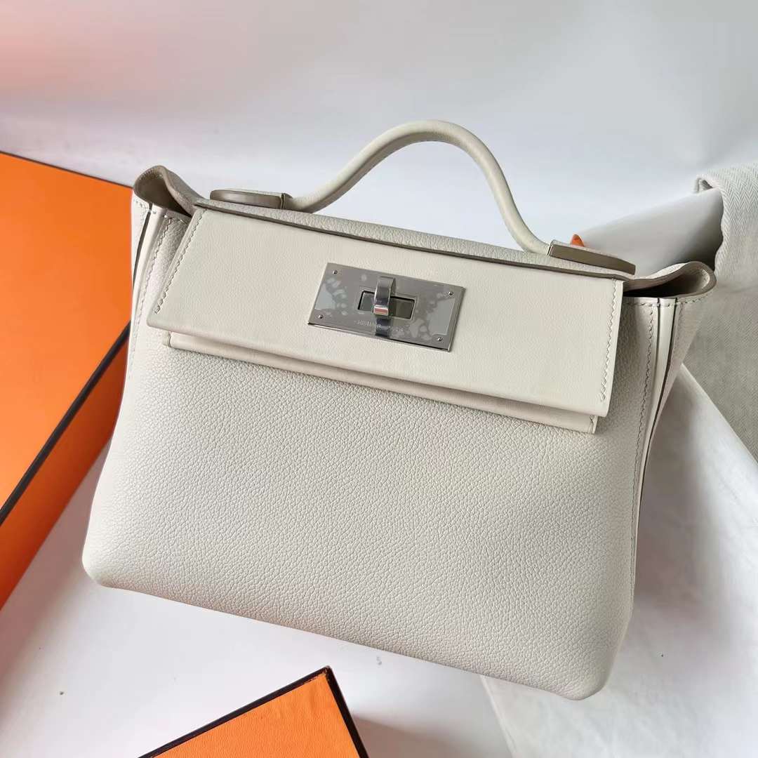 Hermès（爱马仕）Mini Kelly 2424 Evercolor 拼 Swift 8L 冰川白 银扣 21cm 全手工蜡线缝 Phw