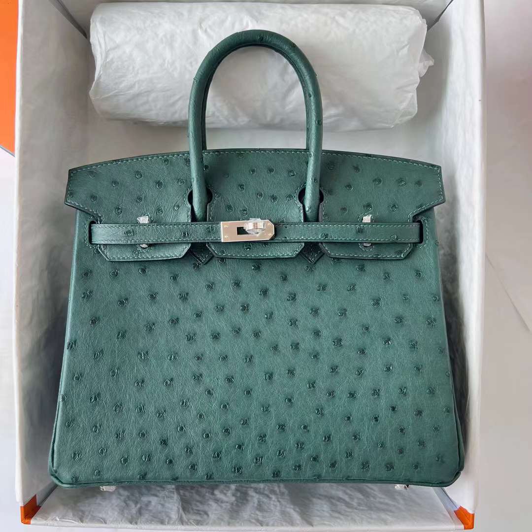 Hermès（爱马仕）Birkin 铂金包 Ostrich 进口鸵鸟皮 z6 孔雀绿 银扣 25cm 全手工蜡线缝 Phw