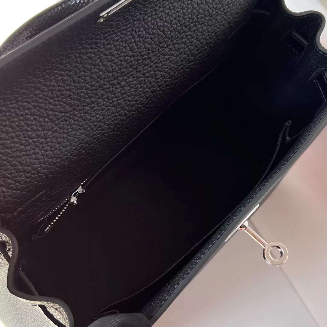 Hermès（爱马仕）Kelly 凯莉包 Touch Togo皮 拼 亮面蜥蜴皮 Ck89 黑色 银扣 25cm 全手工蜡线缝 Phw