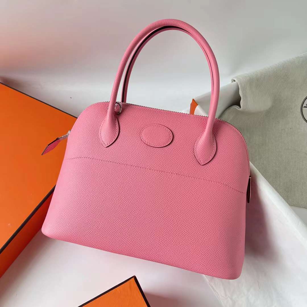 Hermès（爱马仕）Bolide 保龄球包 Epsom 1Q 奶昔粉 银扣 27cm 全手工蜡线缝 Phw