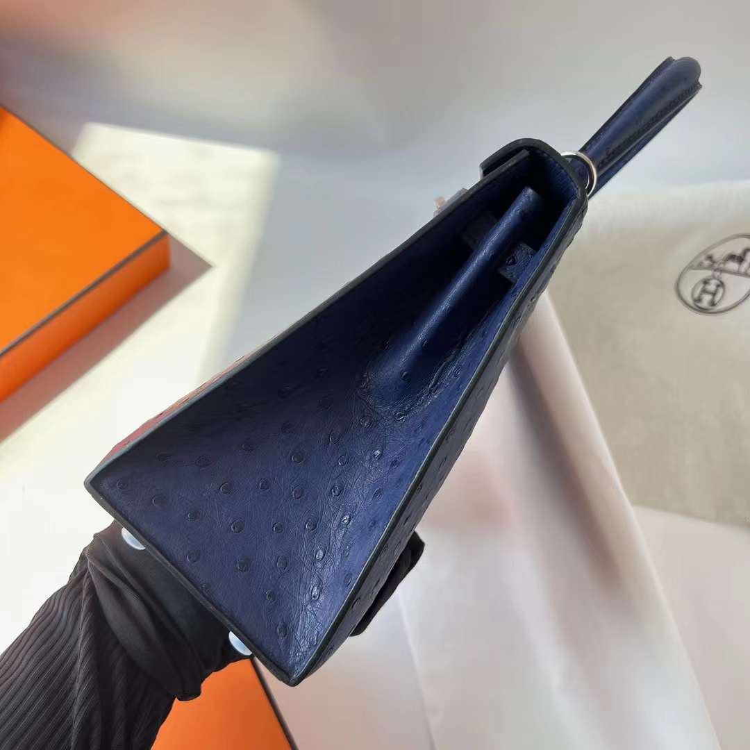 Hermès（爱马仕）Kelly 凯莉包 Ostrich 原kk进口鸵鸟皮 77 鸢尾蓝 银扣 25cm 全手工蜡线缝 Phw