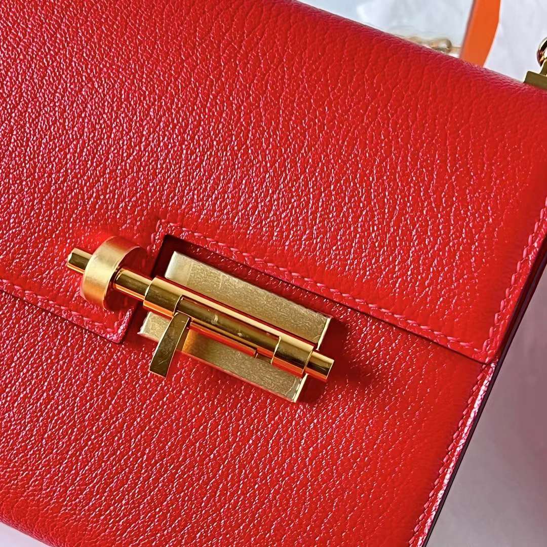 Hermès（爱马仕）Verrou 机枪包 Chevre 进口山羊皮 S3 心红色 金扣 17.5cm 全手工蜡线缝制 Ghw