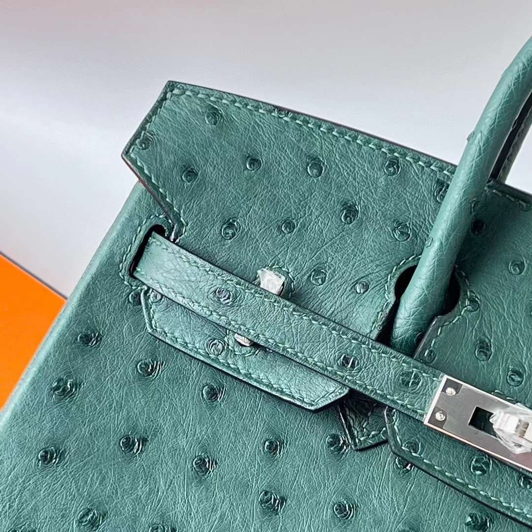 Hermès（爱马仕）Birkin 铂金包 Ostrich 进口鸵鸟皮 z6 孔雀绿 银扣 25cm 全手工蜡线缝 Phw