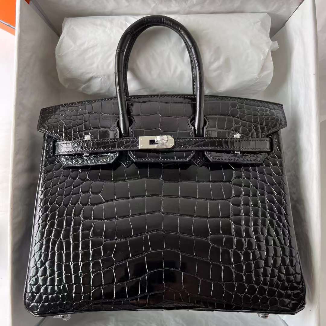 Hermès（爱马仕）Birkin 铂金包 亮面美洲鳄鱼皮 Shiny Alligator Crocodile Ck89 黑色 银扣 25cm 全手工蜡线缝 Phw