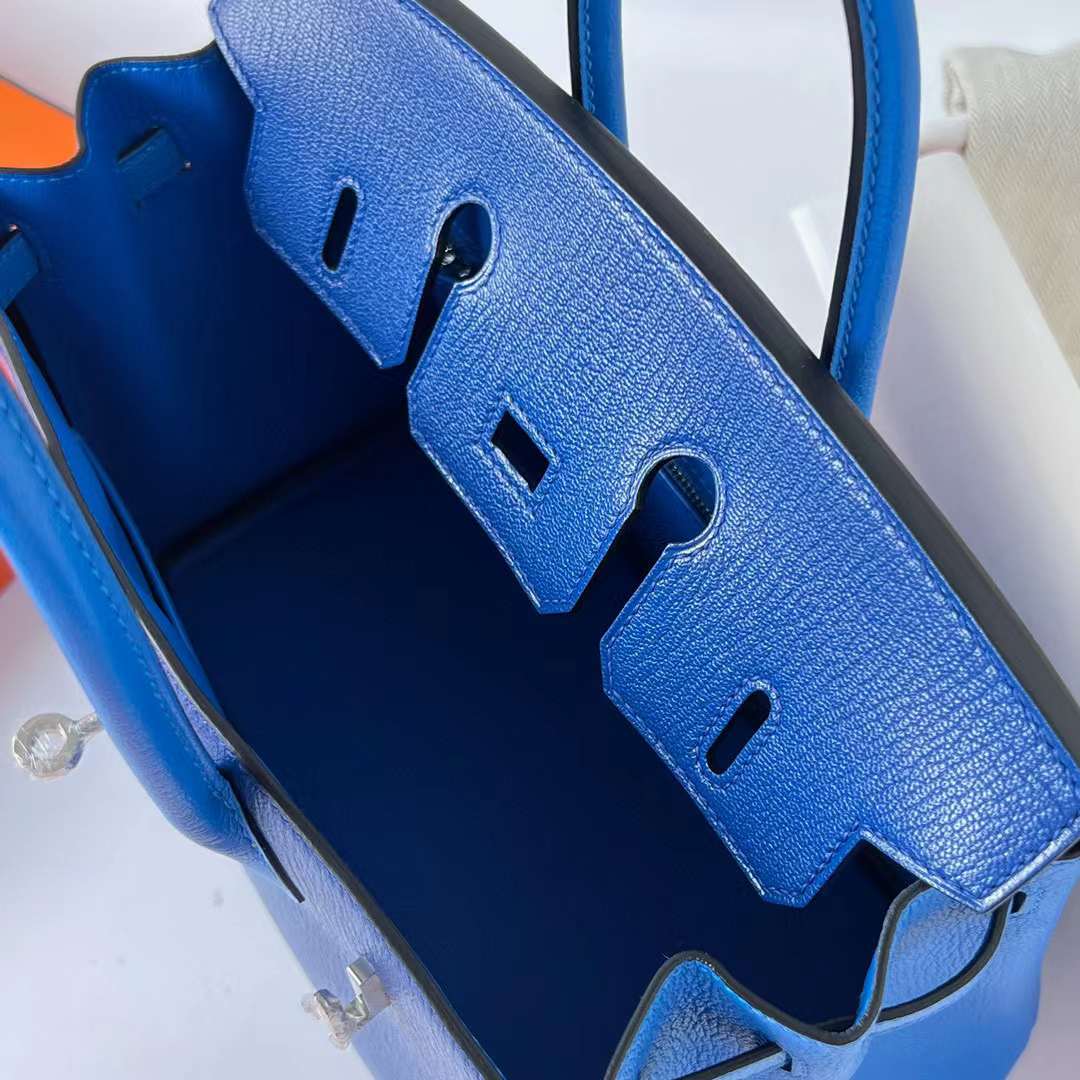 Hermès（爱马仕）Birkin 铂金包 Chevre 进口山羊皮 Ck73 宝石蓝 拼 T7 水妖蓝 拉丝银扣 25cm 全手工蜡线缝 BPhw