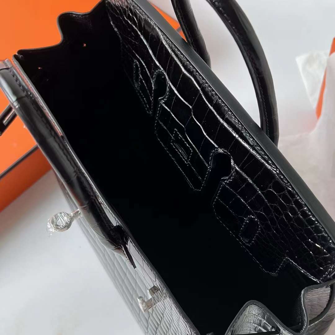 Hermès（爱马仕）Birkin 铂金包 亮面美洲鳄鱼皮 Shiny Alligator Crocodile Ck89 黑色 银扣 25cm 全手工蜡线缝 Phw