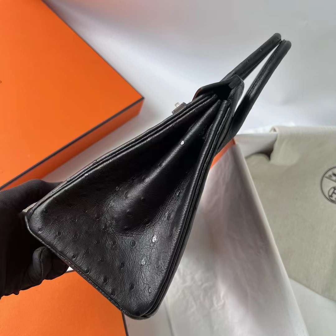 Hermès（爱马仕）Birkin 铂金包 Ostrich 进口kk南非鸵鸟皮 Ck89 黑色 银扣 原厂五金 25cm 全手工蜡线缝 Phw